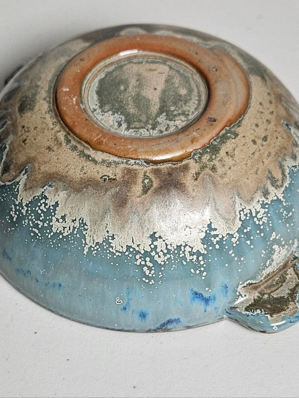 Rustic Glazed Small Pottery Bowl Dbl Handle Hand Made Blue Glaze